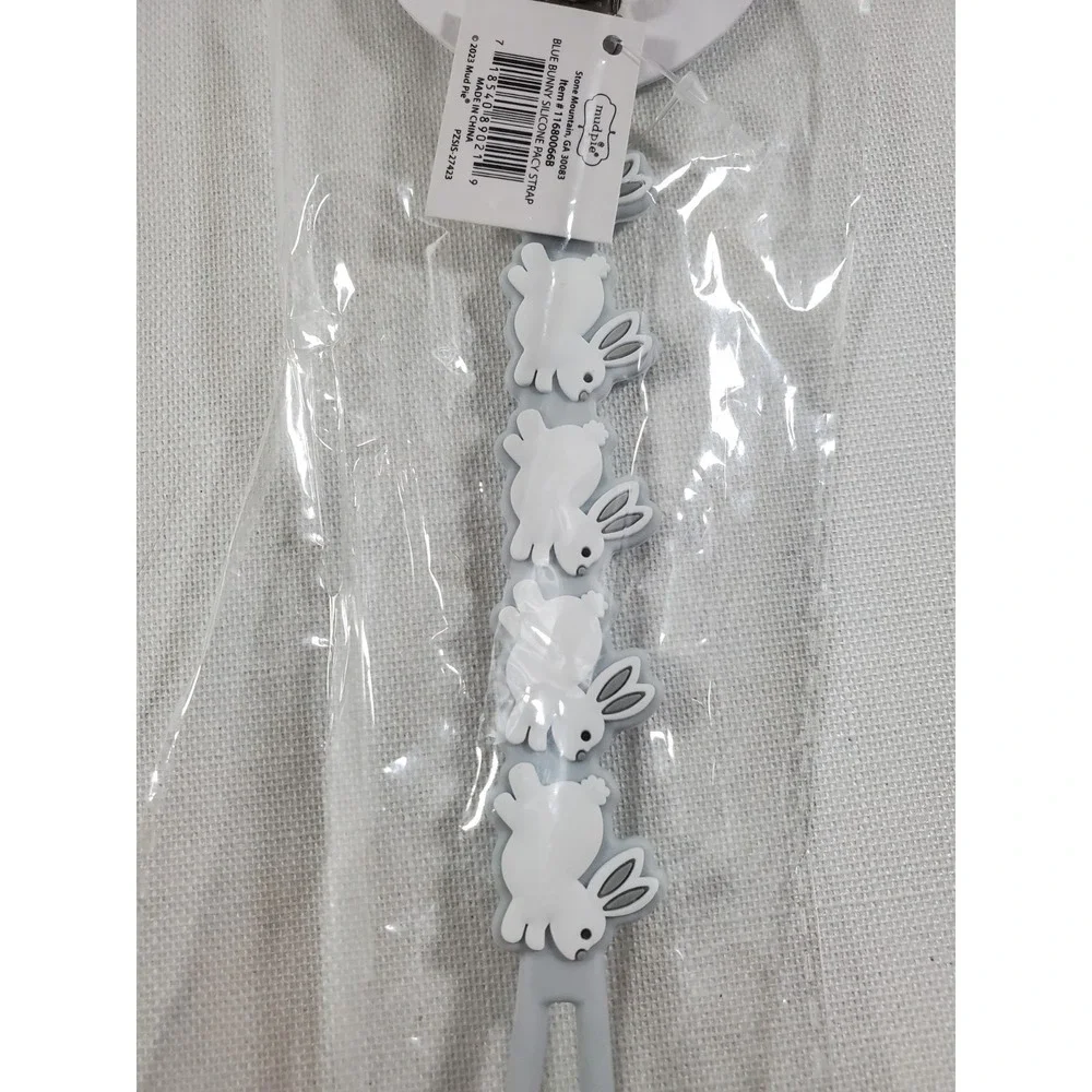 Mud Pie Bunny Silicone Pacifier Strap Clip Gray BPA‎ Free Baby Paci Holder NEW